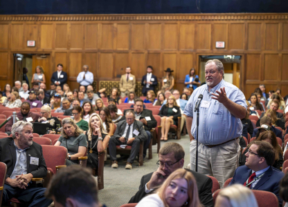 Sept. 14, 2026, members of the National Farmers Union (NFU) met at the USDA Headquarters in Washington D.C. for the 2026 NFU annual fly-in. Speakers from the USDA and FTC included Justin Benavidez of the USDA Office of the Chief Economist; Federal Trade Commissioner Mark Meador; USDA Deputy Under Secretary for Trade and Foreign Agricultural Affairs Bekkering; and USDA Under Secretary for Farm Production and Conservation Fordyce. NFU President Rob Larew delivered concluding remarks for the event held in the Jefferson Auditorium. (Photos by Brien Aho USDA)