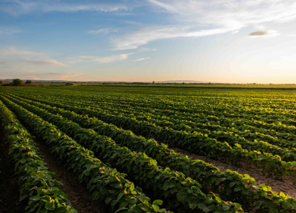 Sunset over growing soybean plants at ranch field